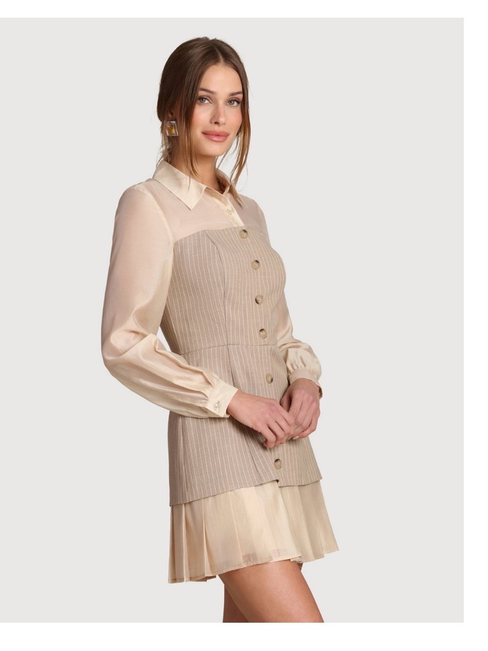 NWT AVEC LES FILLES Women's Pinstripe Organza Mixed Media Shirtdress - Picture 2 of 9